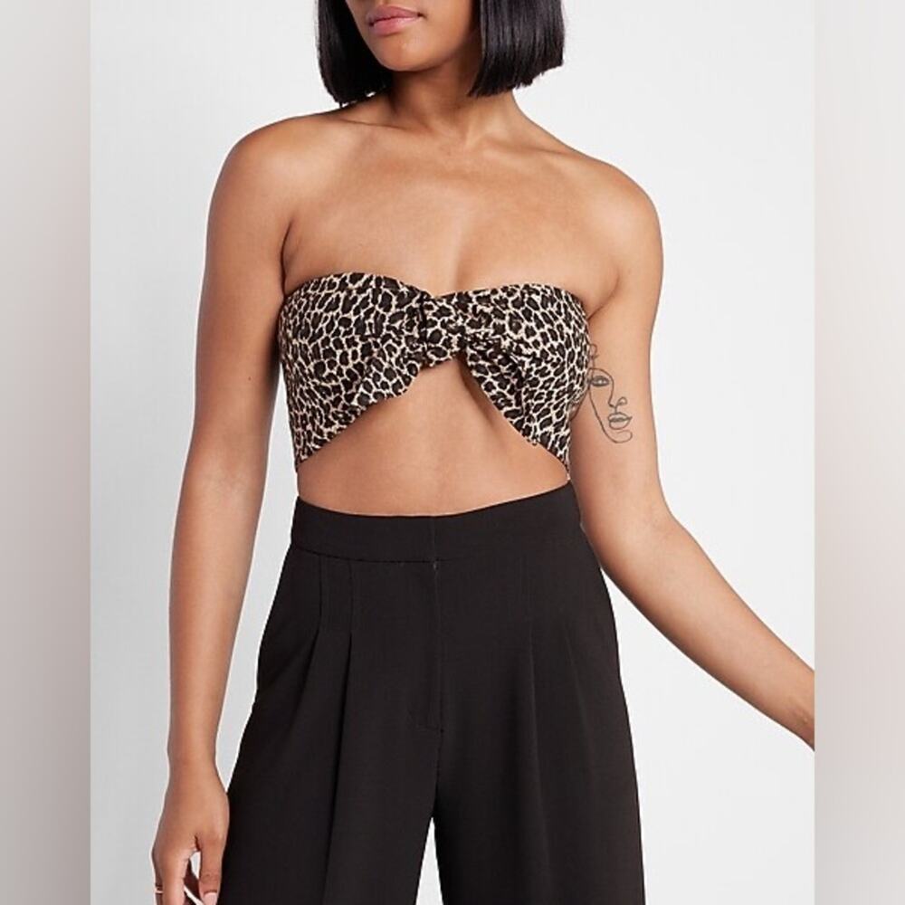 Express Leopard Print Linen-Blend Tie Front Bandeau Top